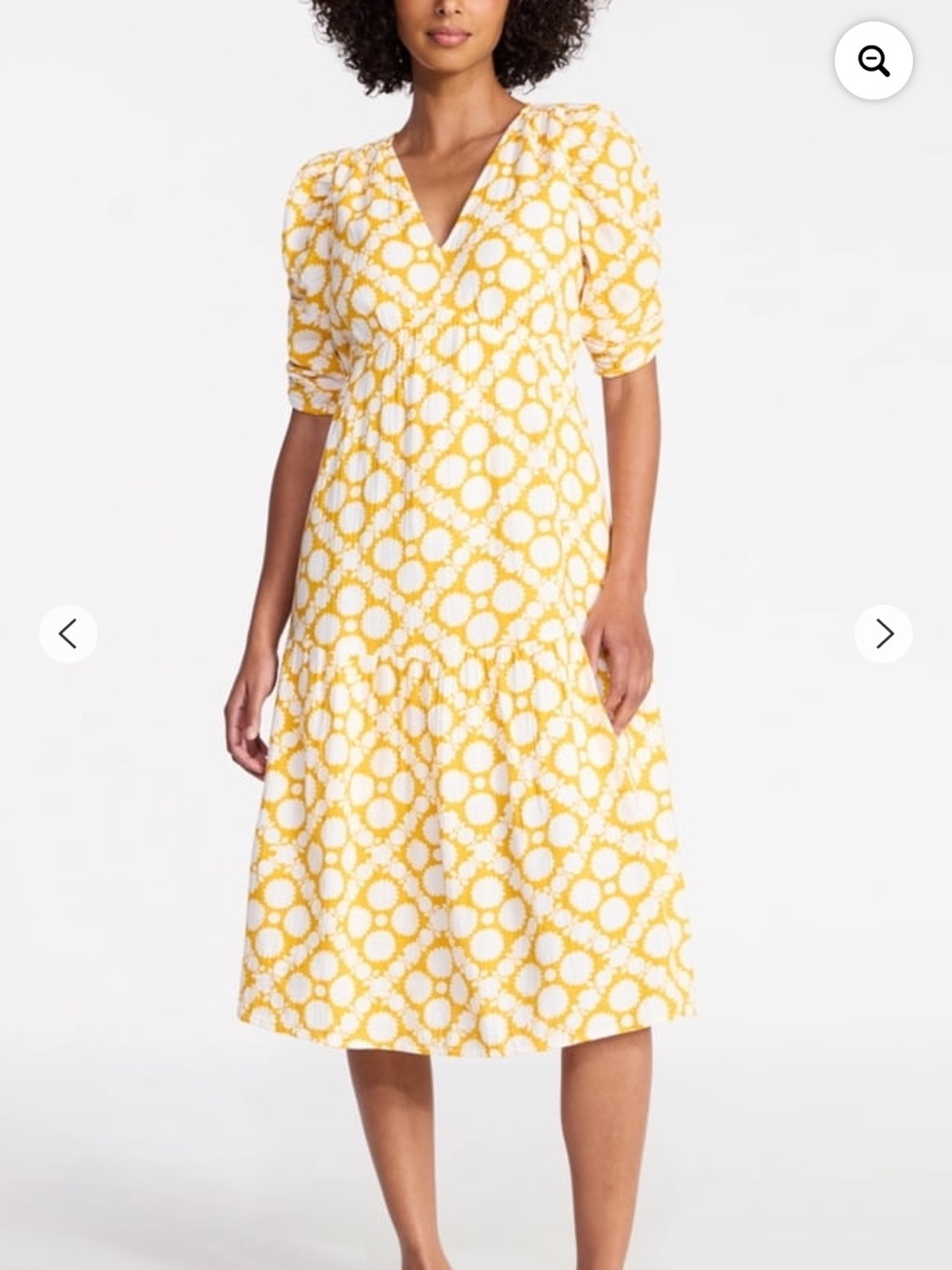 Time and Tru Yellow & White Printed V-Neck Tiered Midi Dress w/ Pockets
